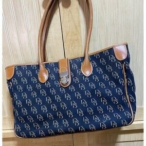 Dooney & Bourke Signature Double Handle Tote Bag Blue Canvas Leather Vintage